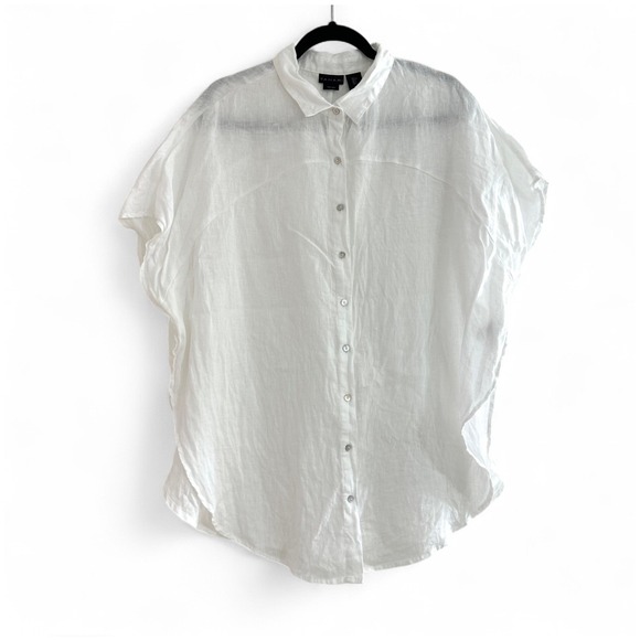 Tahari Tops - Tahari White 100% Linen Bat Wing Tunic Button Up Long Boxy Top Women's Large